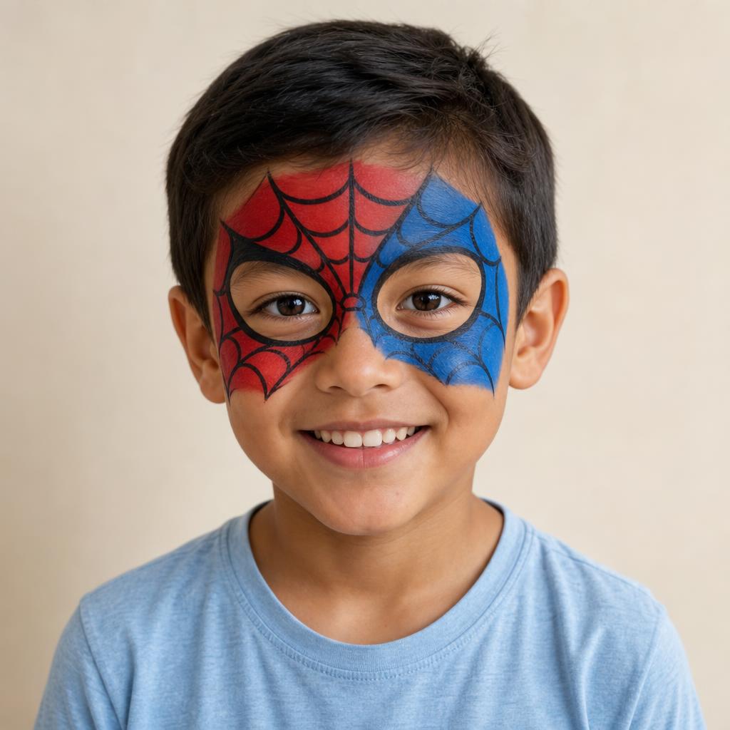 Design example of a smiling child with a character-inspired mask painted on their face