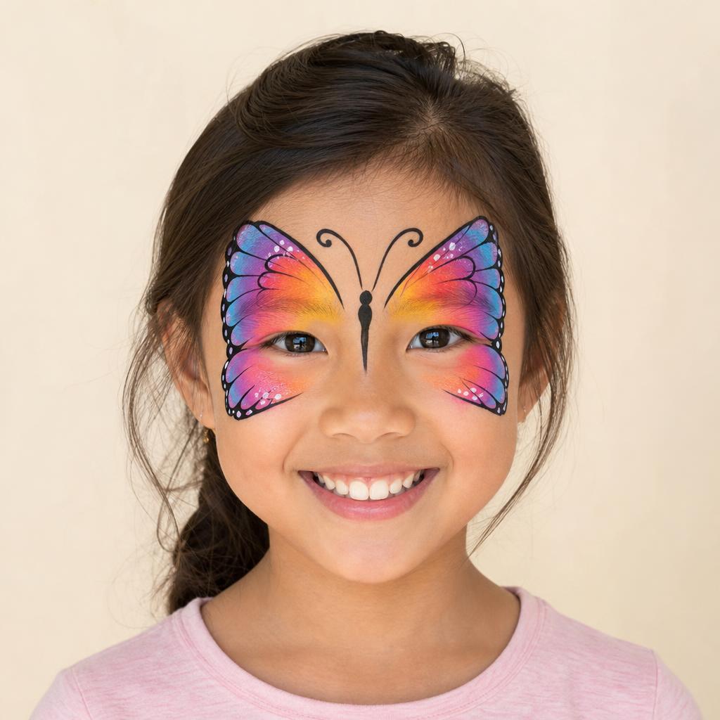 Design example of a smiling child with classic butterfly wings painted on their face