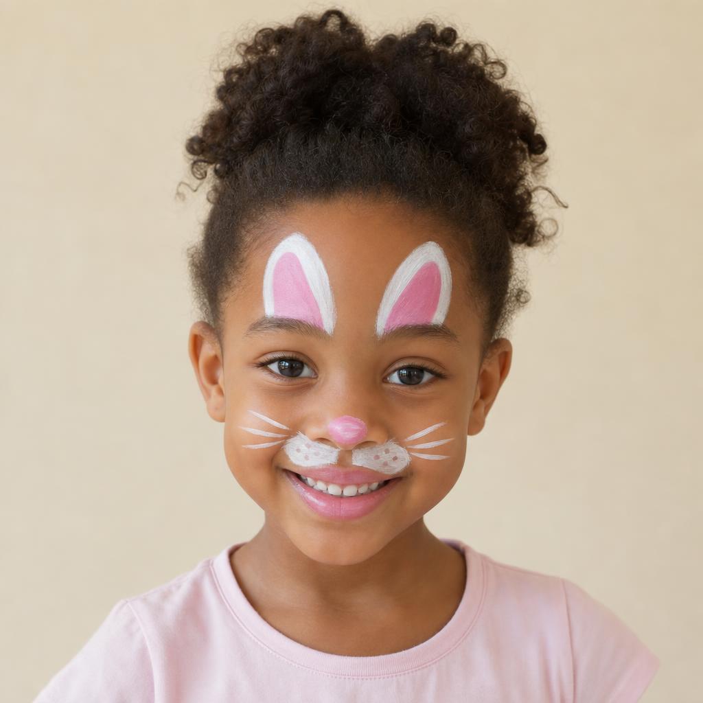 Design example of a smiling child with a cute animal face painted on their face