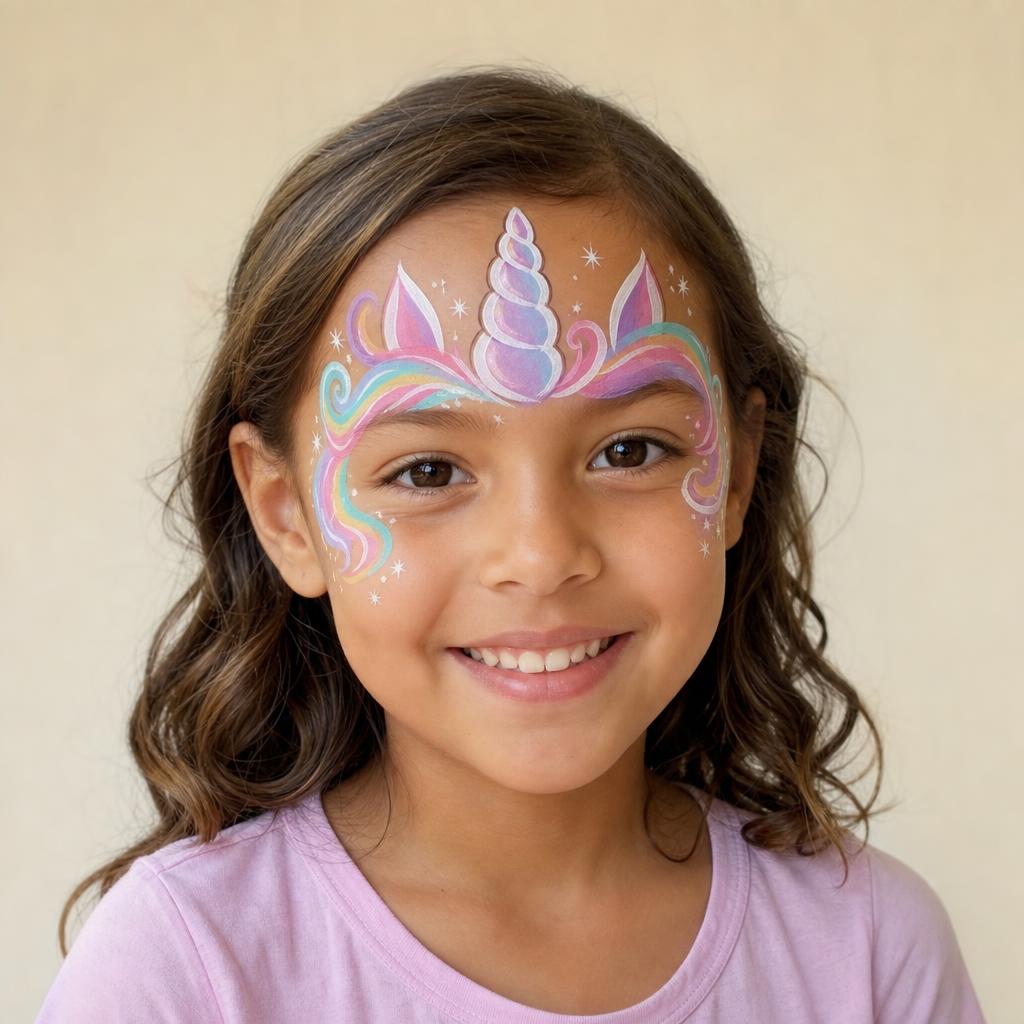 Design example of a smiling child with a fantasy unicorn painted on their face