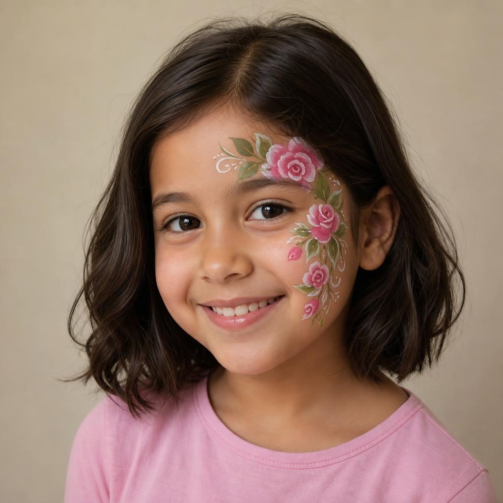 Design example of a smiling child with colorful flowers painted on their face