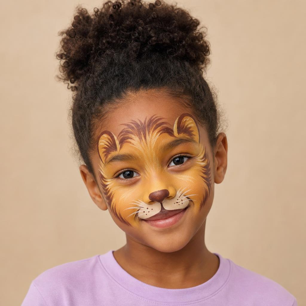 Design example of a smiling child with a jungle animal painted on their face