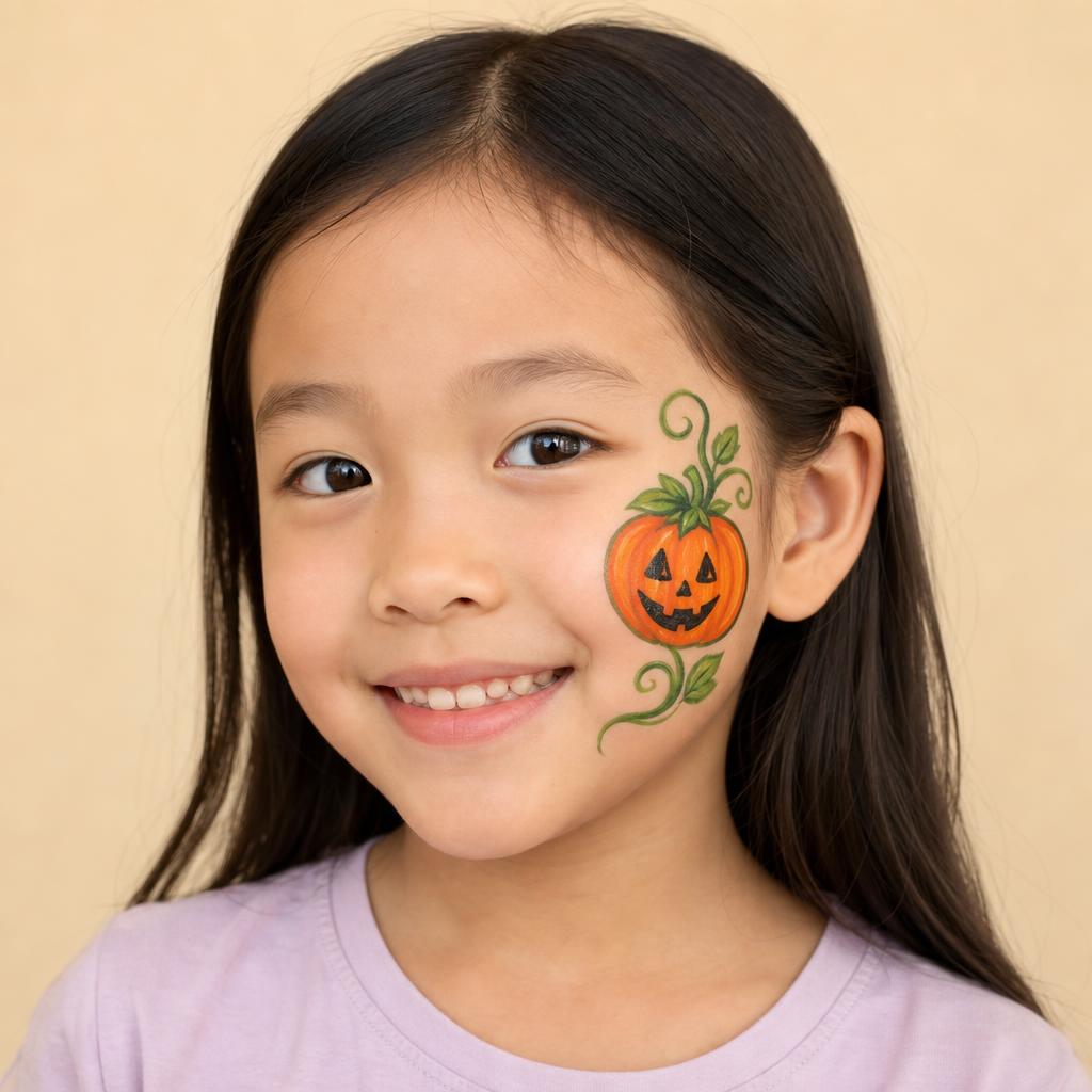 Design example of a smiling child with a Halloween pumpkin and green vines painted on their face