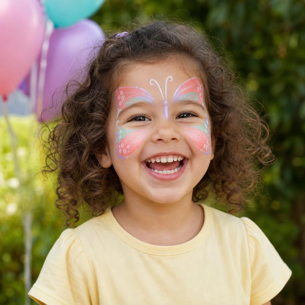 Smiling child with colorful butterfly face paint