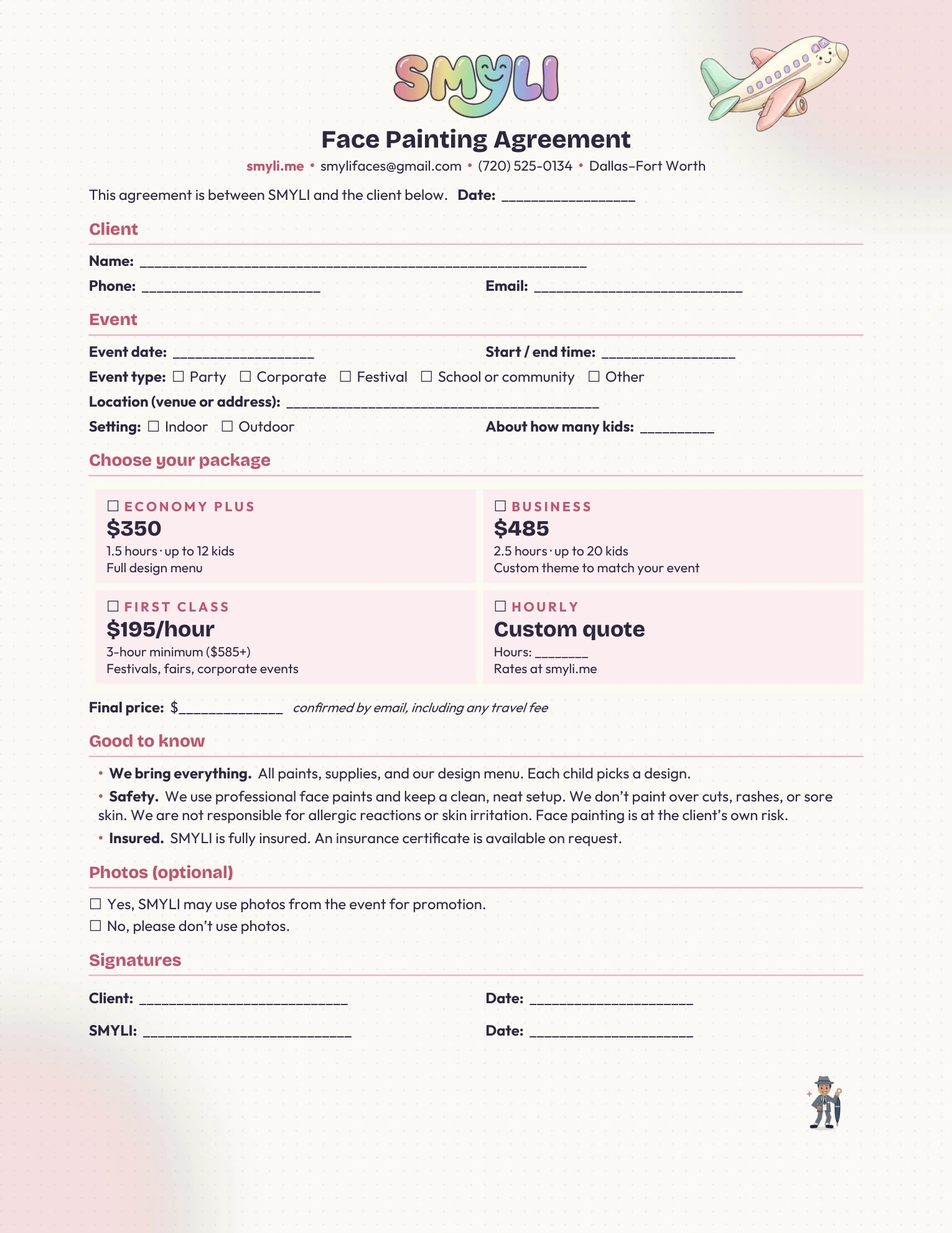 Original styled SMYLI Face Painting Agreement, page 1 of 1. A readable text version is available below.